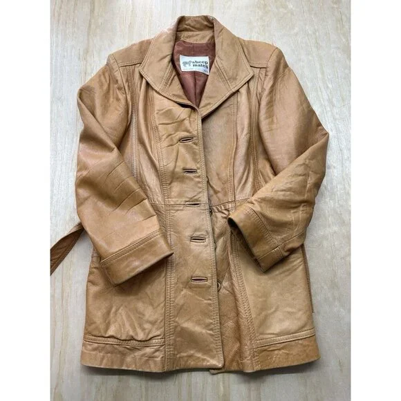 VTG Sheep Mates NY Paris Leather Coat Jacket Womens M Belted 70’s Retro Groovy - Picture 1 of 11